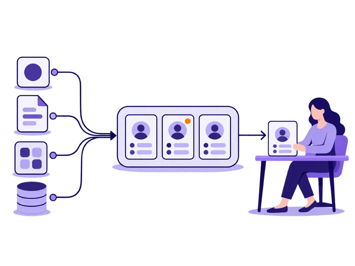 Illustration: several data sources flow into a workspace of cards. One card has a signal dot, and on the right a person receives a complete card.