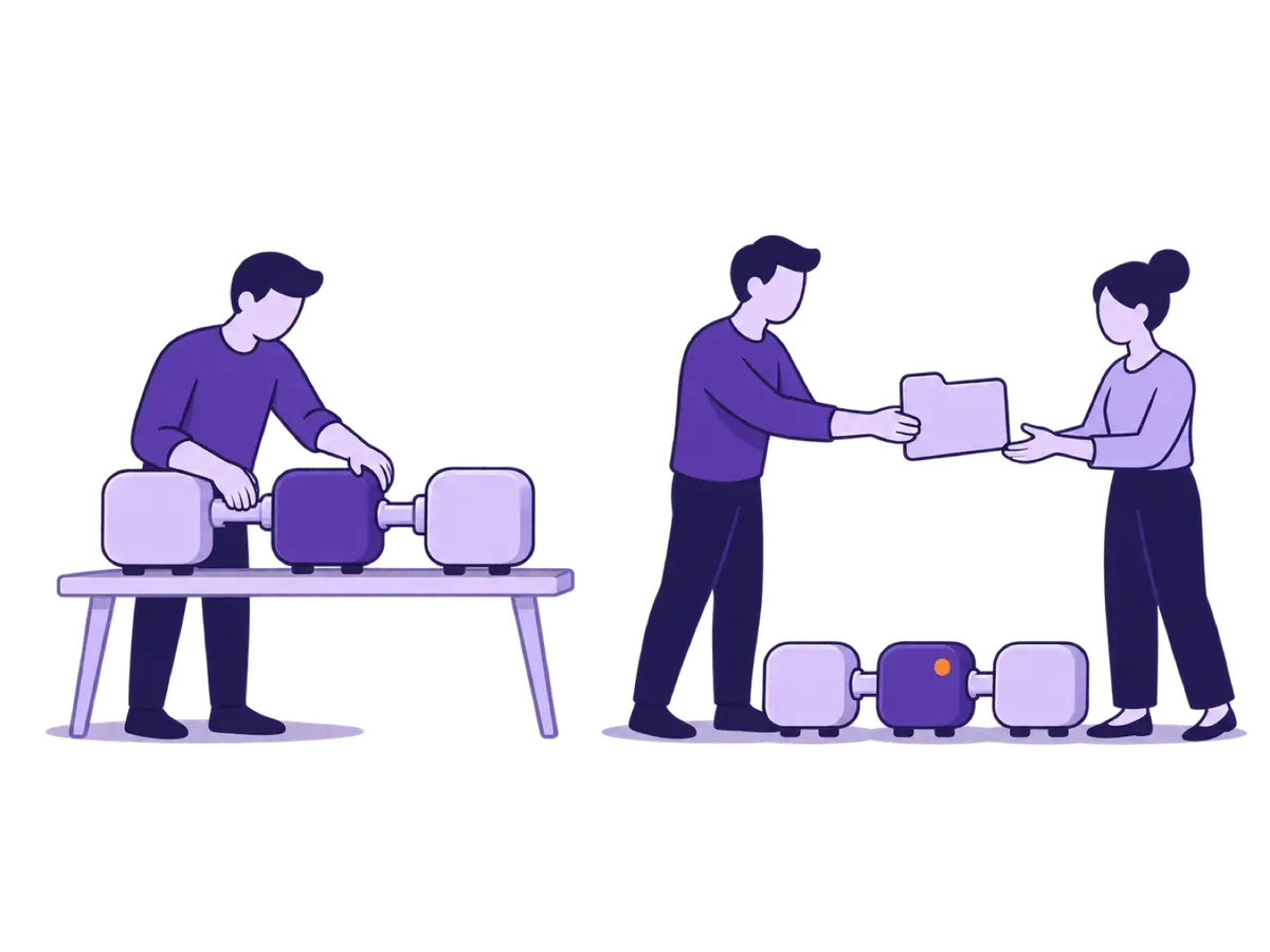 Illustration: on the left a person connects modules on a workbench. On the right the same setup is passed as a folder to a second person.