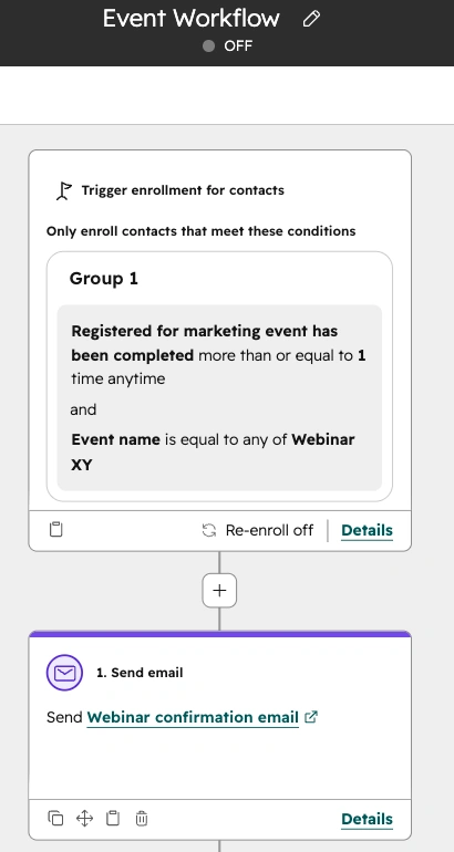 Konfigurierter HubSpot-Workflow: Anmeldung für Webinar XY als Aufnahmebedingung, danach die hinterlegte Bestätigungsmail. Status in dieser Aufnahme: inaktiv.