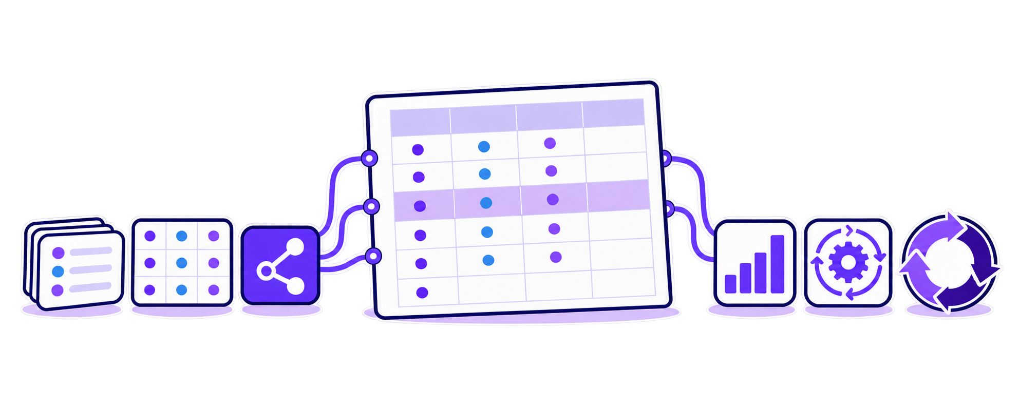 Illustration: Datensatzkarten, ein Tabellenraster und ein verbundenes System fließen in ein zentrales Arbeitsblatt mit Lifecycle-Band und Statuspunkten; rechts entstehen daraus Berichte, Workflows und der Lifecycle-Kreislauf.