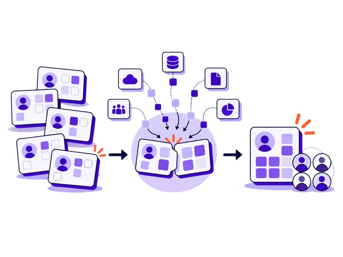 Illustration: Duplicate record cards merge and gaps are filled from several sources; on the right are a complete card and a buying group of four people.