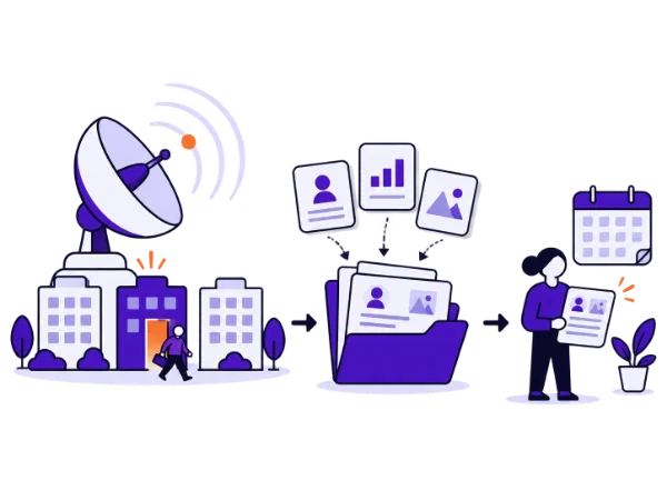 Illustration: An observation dish stands above account buildings as a person leaves one account. A dossier assembled from several documents reaches a customer-success person beside a calendar.