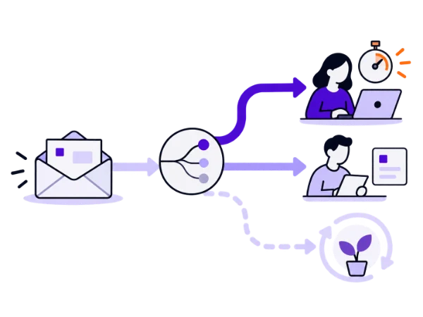 Illustration: An envelope leads to a junction with three paths: the upper one reaches a priority recipient with a stopwatch, the middle one another person, and the lower one a faded nurture loop.