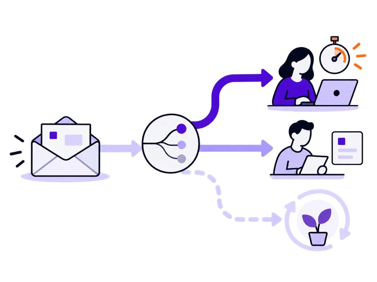 Illustration: An envelope leads to a junction with three paths: the upper one reaches a priority recipient with a stopwatch, the middle one another person, and the lower one a faded nurture loop.